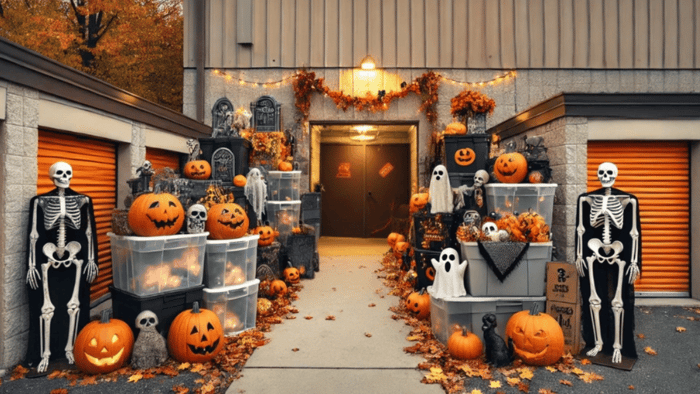 Halloween decorations and labeled containers arranged outside storage units