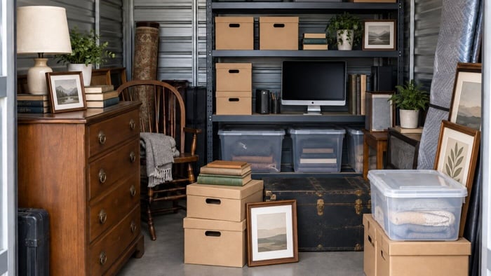 Wood furniture, electronics, books, framed artwork, and storage boxes arranged inside a storage unit