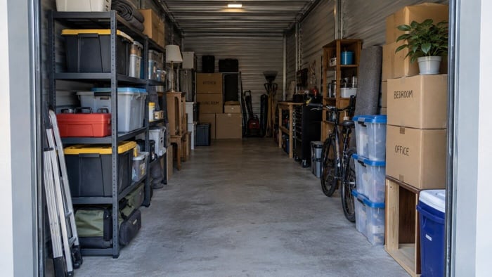 Organized storage unit with labeled boxes, shelving, furniture, tools, and a clear center walkway