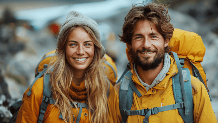 Two hikers carrying backpacks and outdoor equipment
