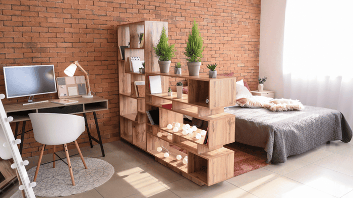 Open shelving used as a room divider between sleeping and living areas in a studio apartment
