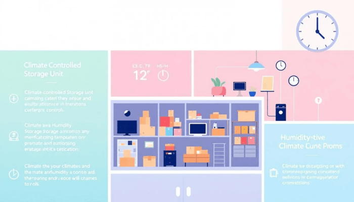 A climate controlled storage unit showcasing various belongings stored securely.
