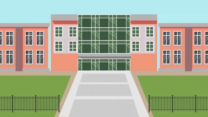 A cartoon of a large college campus building.