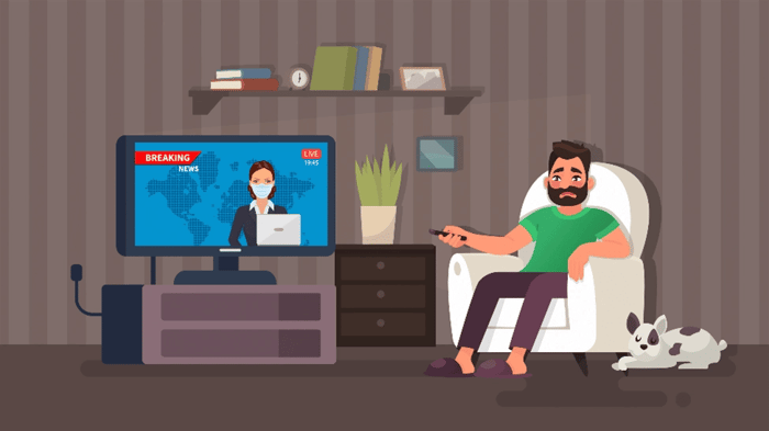 A cartoon of a man watching the news on TV with his dog nearby.
