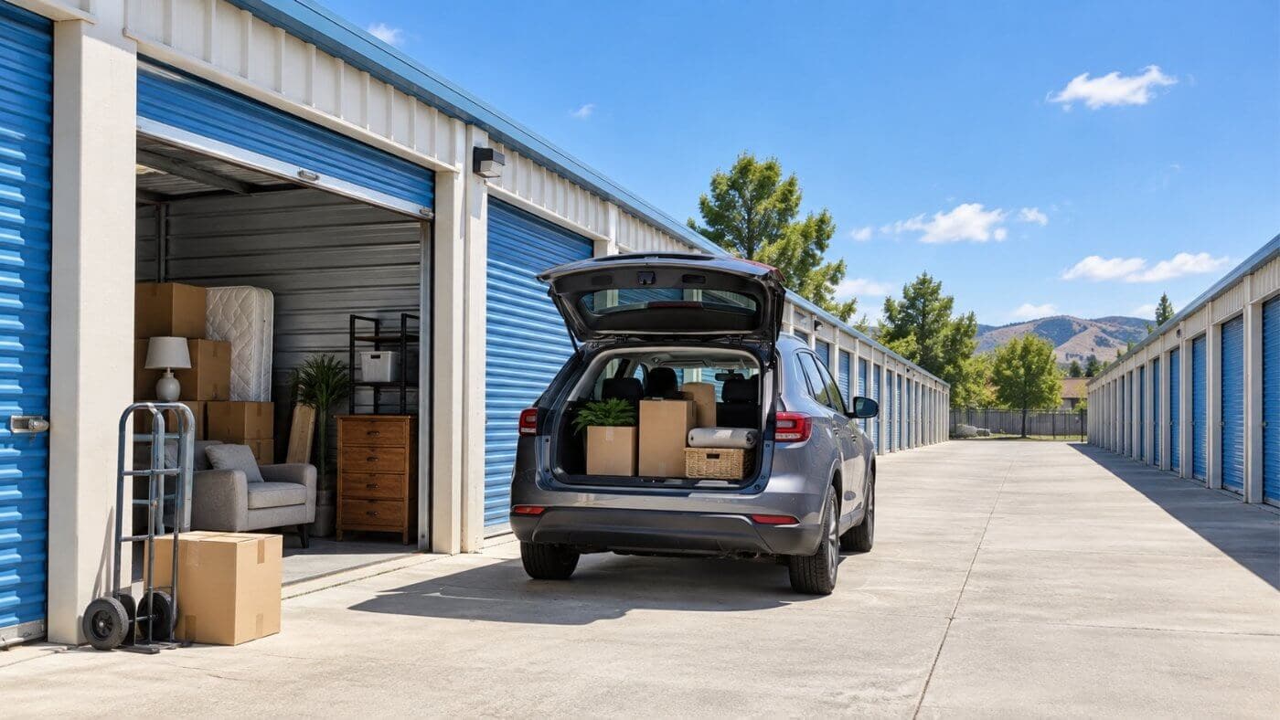 Drive-up storage units with a vehicle parked beside an open storage unit for easy loading