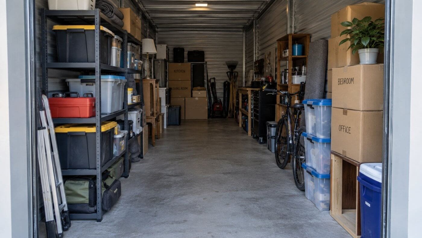 Organized storage unit with labeled boxes, shelving, furniture, tools, and a clear center walkway