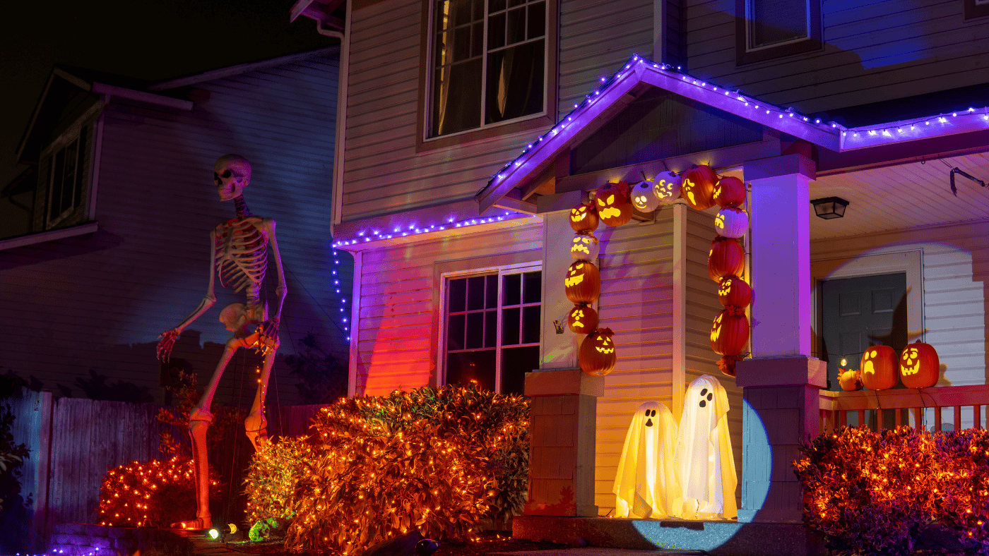 Halloween-decorated house before it is time to store Halloween decorations