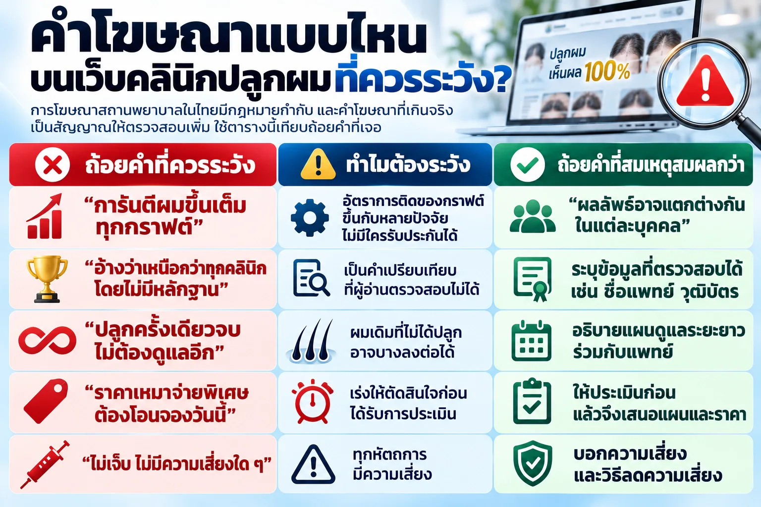 คำโฆษณาแบบไหนบนเว็บคลินิกปลูกผมที่ควรระวัง