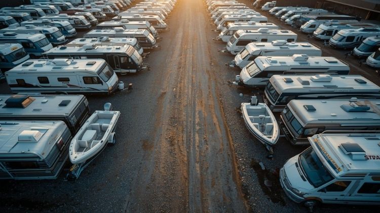 Boat & RV storage in Corsicana, TX with RVs and boats parked at a storage facility