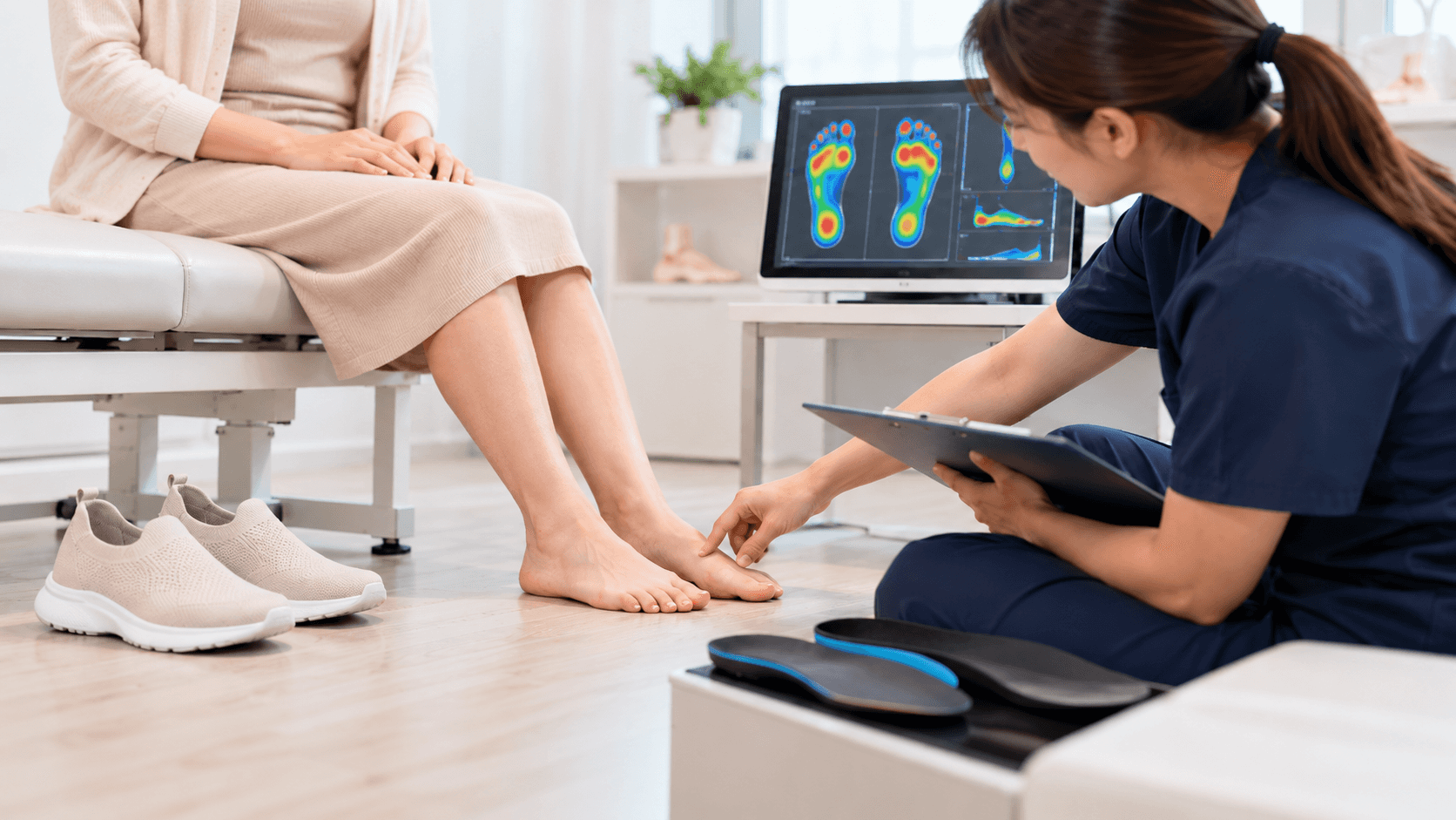 Foot specialist examining a patient's toe alignment and foot structure during a professional assessment, with plantar pressure analysis displayed on a monitor.