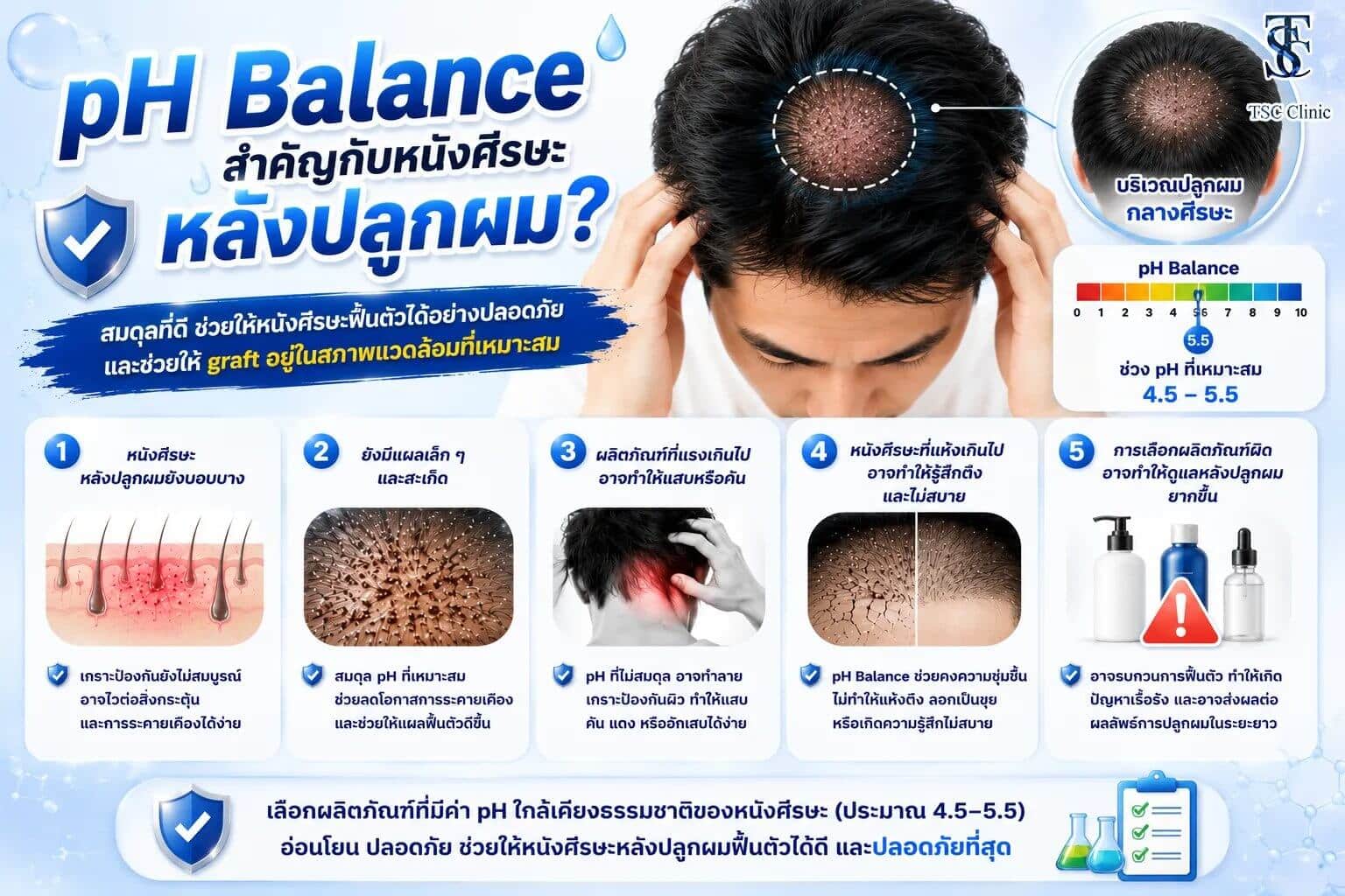 ค่า pH ของหนังศีรษะและผลิตภัณฑ์ดูแลผมหลังปลูกผม
