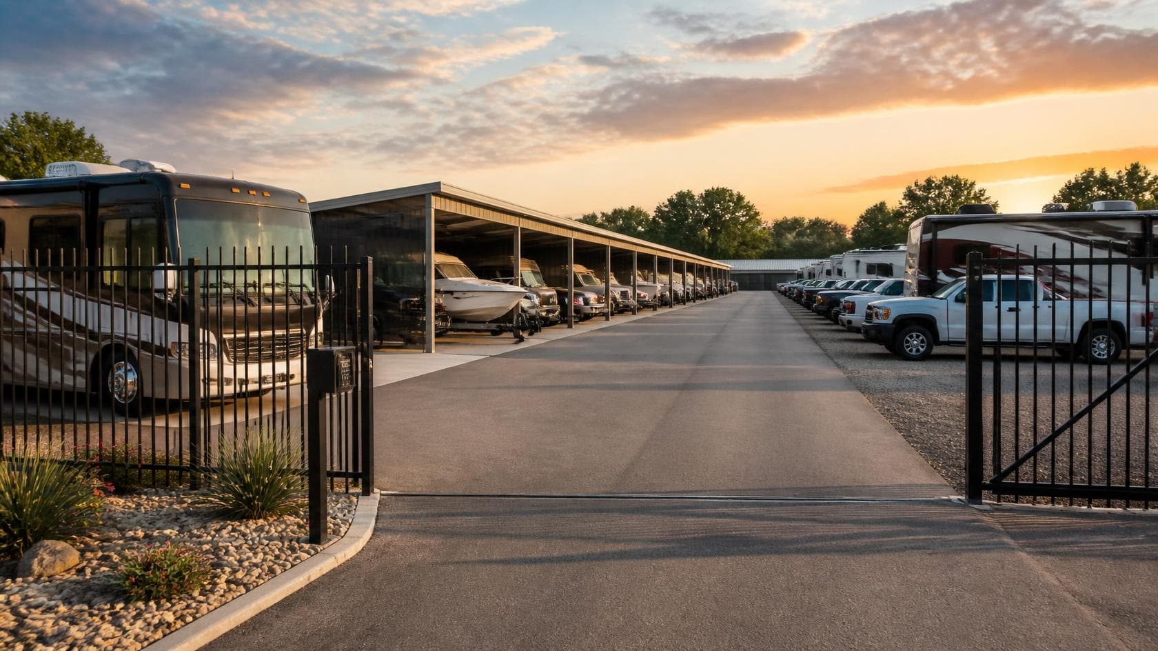 Vehicle storage in Hallsville, TX with RVs, boats, and cars parked at a storage facility