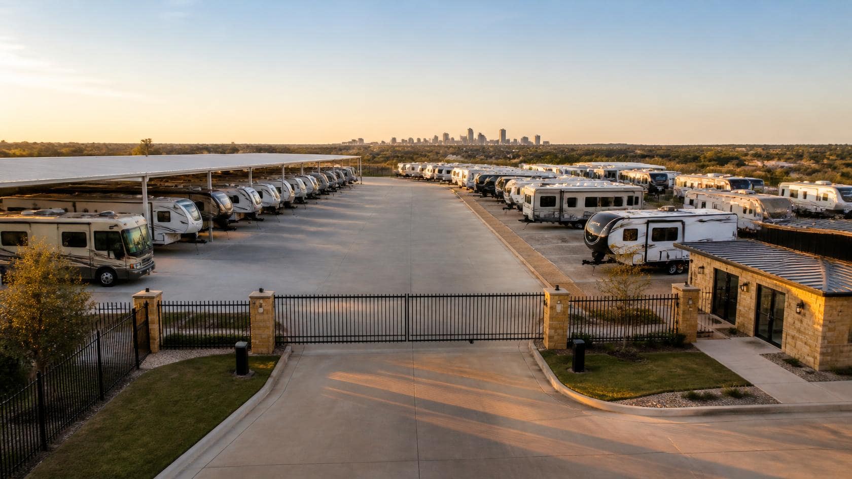 RV storage in Fort Worth, TX with motorhomes and travel trailers parked at a gated storage facility