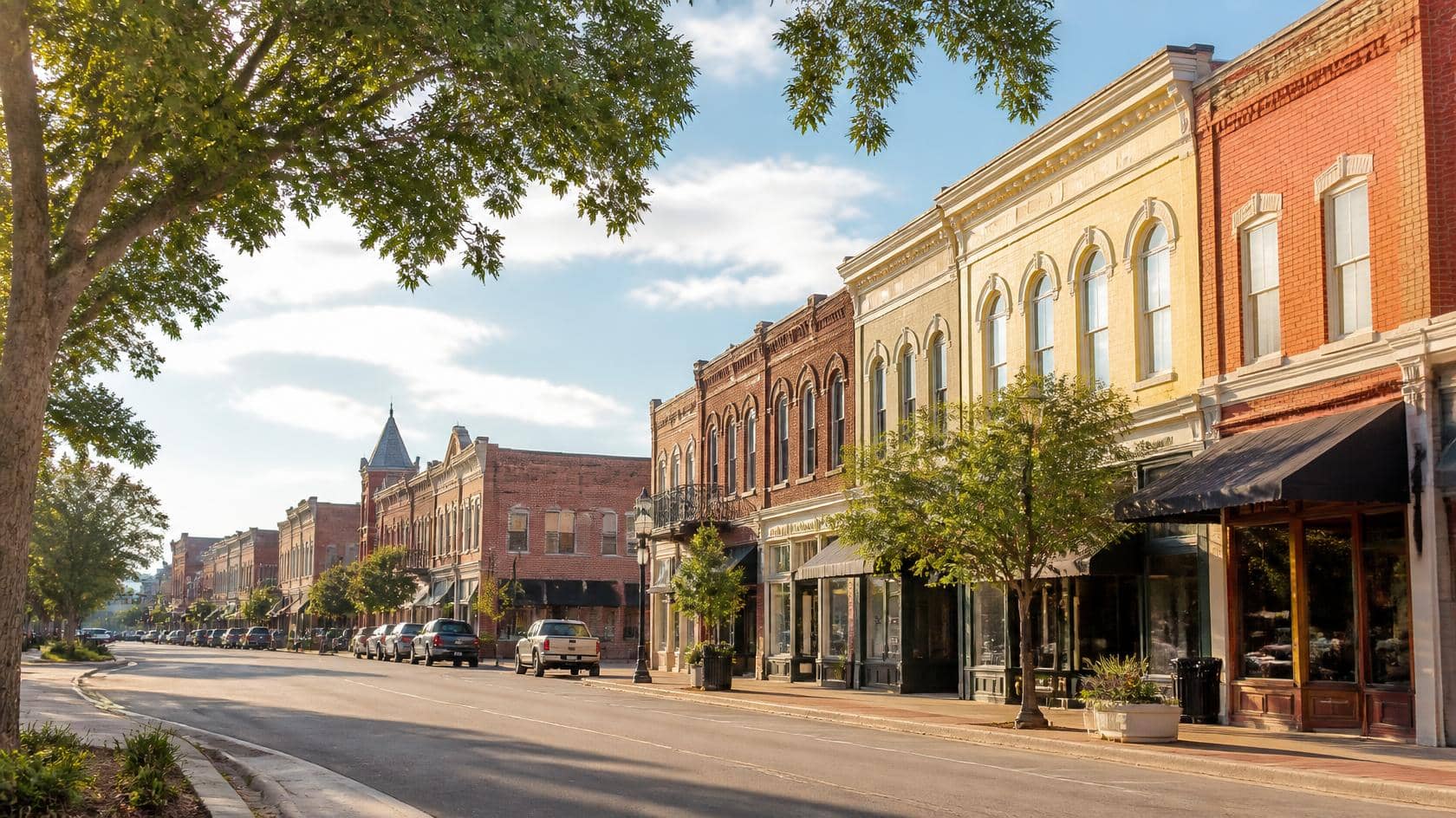 Living in Corsicana, TX with historic downtown buildings, local shops, and tree-lined streets
