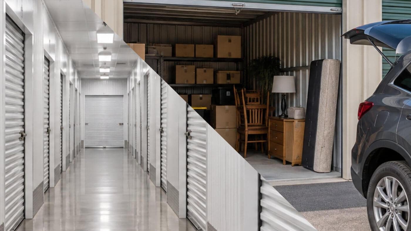 Climate-controlled vs standard storage showing an indoor storage hallway and an exterior drive-up storage unit