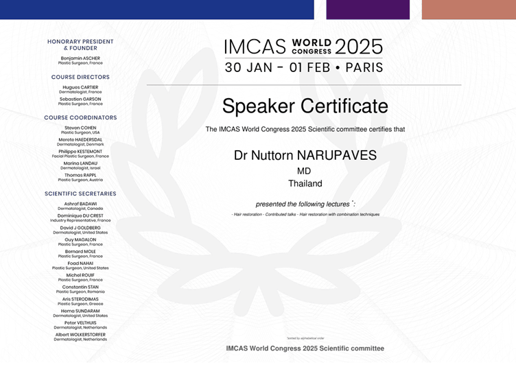 ใบประกาศนียบัตร Speaker Certificate จากงาน IMCAS World Congress 2025