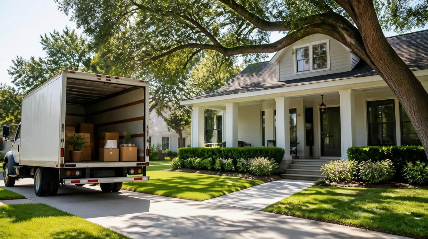 Moving to Beaumont, TX with a moving truck and boxes outside a new home