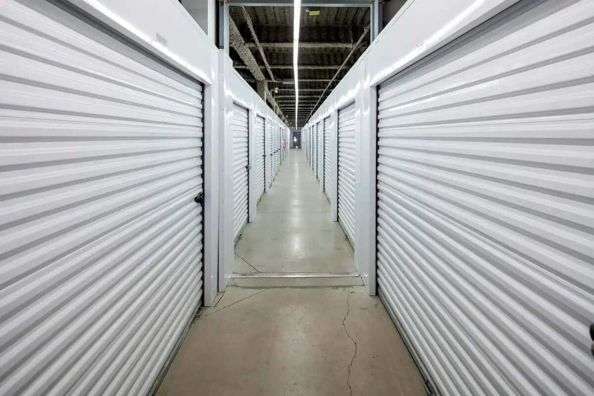 Hallway view of storage units in Charlotte