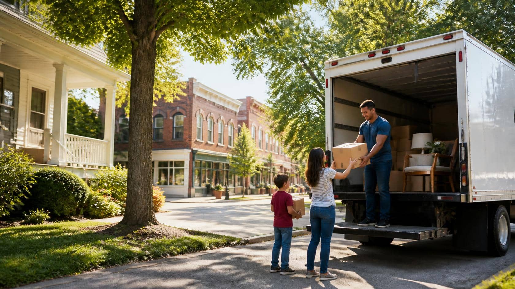Moving to Corsicana, TX with a family unloading boxes from a moving truck