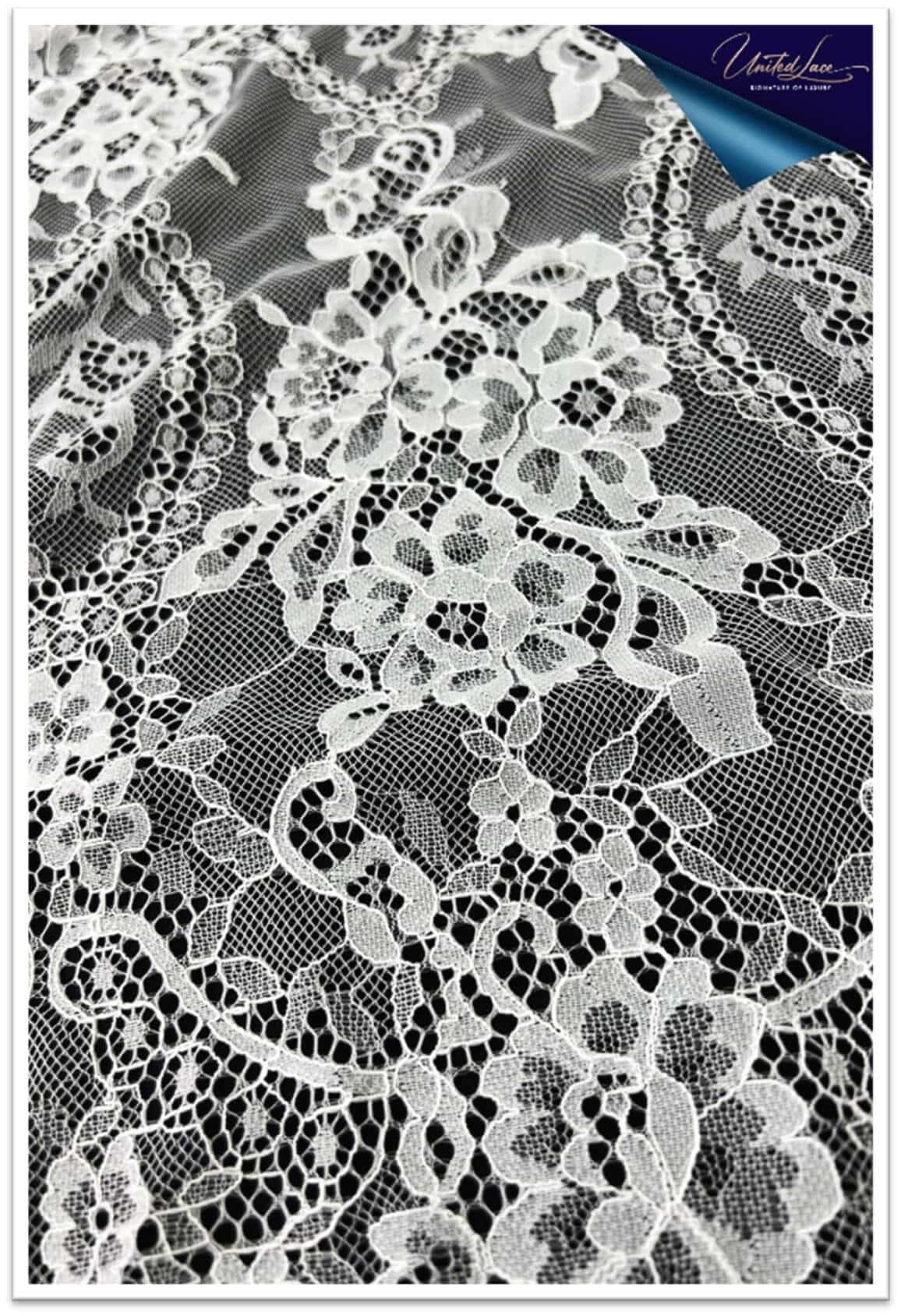 Ultra-fine, airy, and elegant. Known for its intricate floral patterns and soft, fluid drape, Chantilly Lace is woven on lightweight netting and finished with scalloped edges or corded outlines.