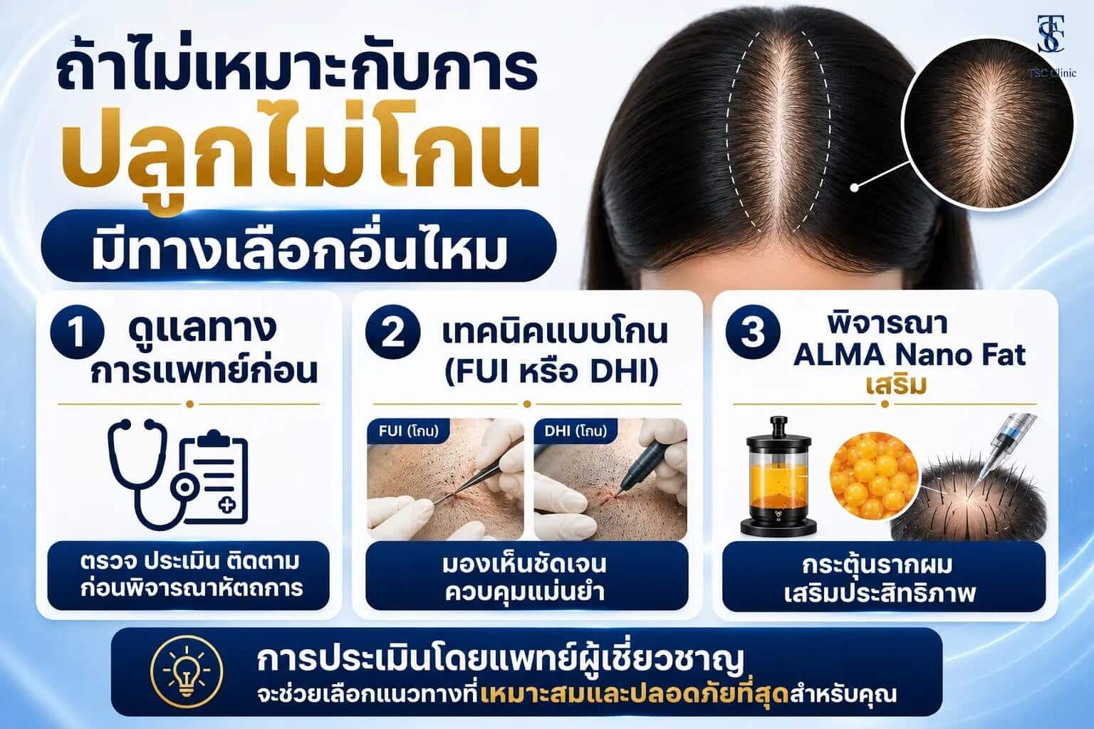 สังเกตแสกกว้างเบื้องต้นก่อนปรึกษาแพทย์ปลูกผม