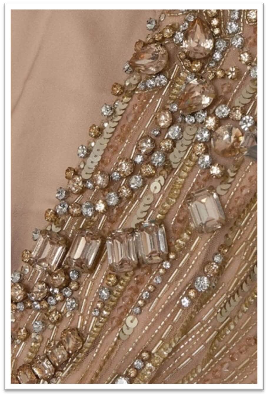 Art Deco Glam: Geometric lines with metallic sequins for bold sophistication, channeling the glamour of the 1920s with symmetry, gold tones, and evening sparkle