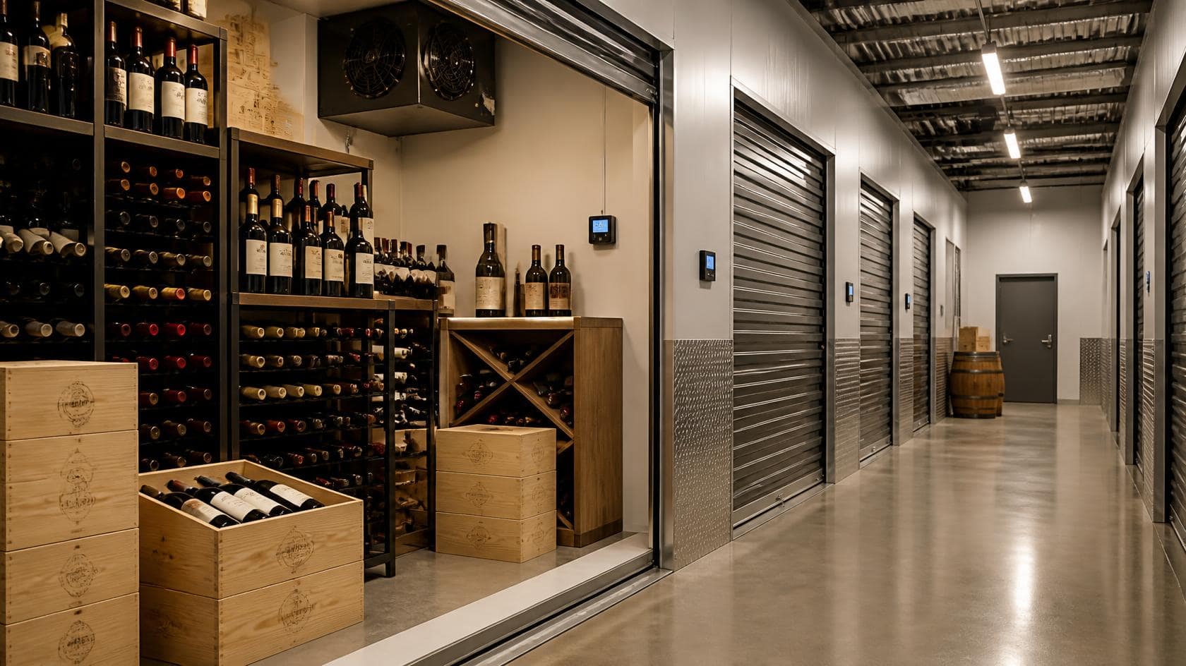 Storing wine in a storage unit with bottles organized in a climate-controlled storage space